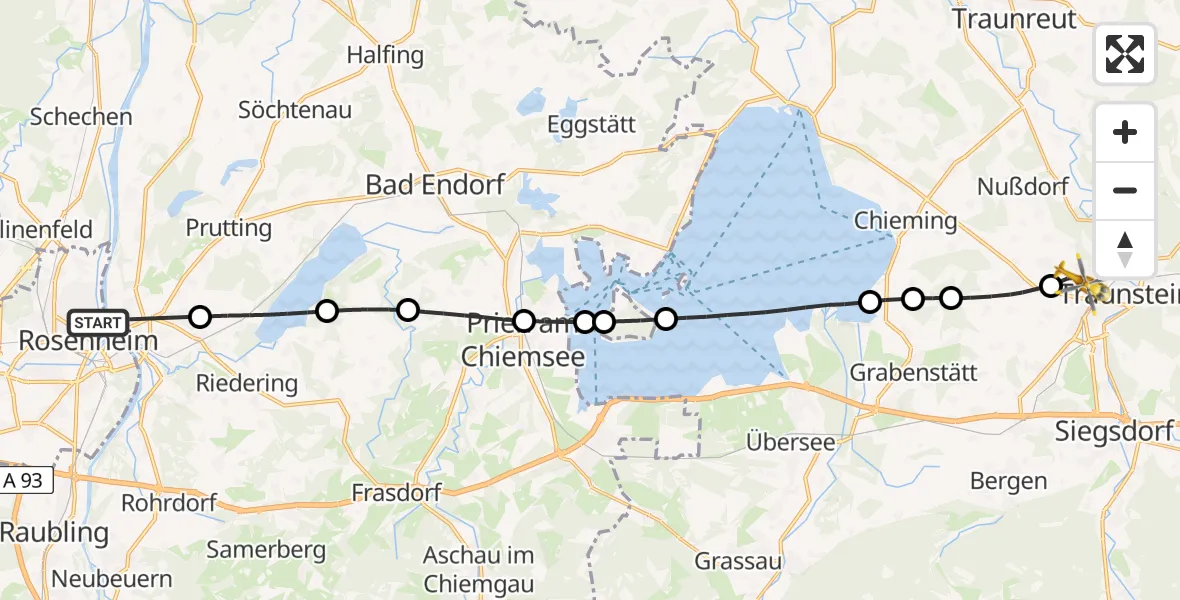Flugroute Rettungshubschrauber RoMed Hospital Rosenheim - Traunstein Krankenhaus Hubschrauberlandeplatz, 29 April 2026, 11:27