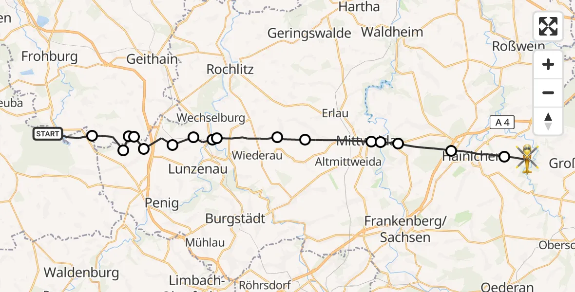 Flugroute Ambulanzhubschrauber Langenleuba-Niederhain - Striegistal, 29 April 2026, 11:30