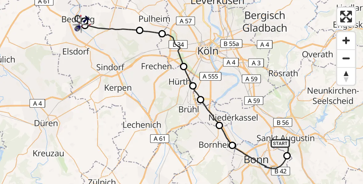 Flugroute Polizeihubschrauber Sankt Augustin - Bedburg, 29 April 2026, 11:31