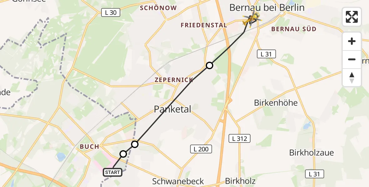 Flugroute Rettungshubschrauber Helios Clinic Berlin-Buch - Bernau bei Berlin, 29 April 2026, 11:35