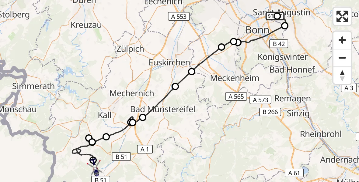 Flugroute Polizeihubschrauber Bonn-Hangelar Flugplatz - Dahlem, 29 April 2026, 11:36