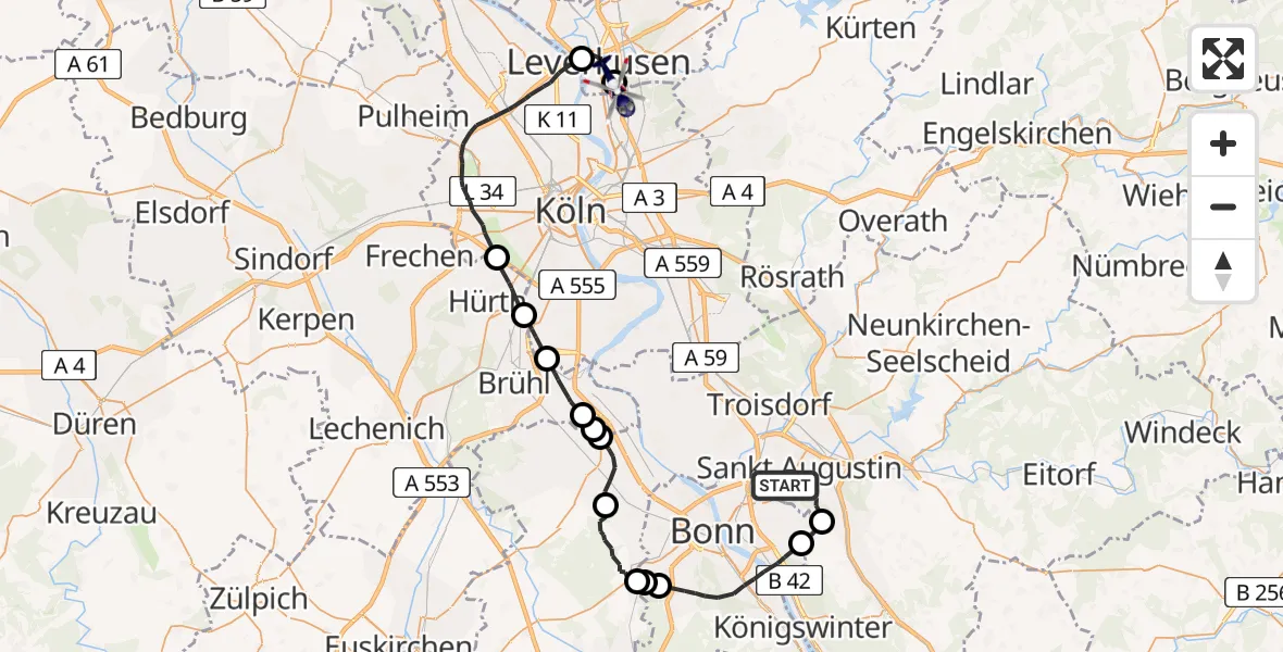 Flugroute Polizeihubschrauber Sankt Augustin - Leverkusen Flugplatz, 29 April 2026, 11:37