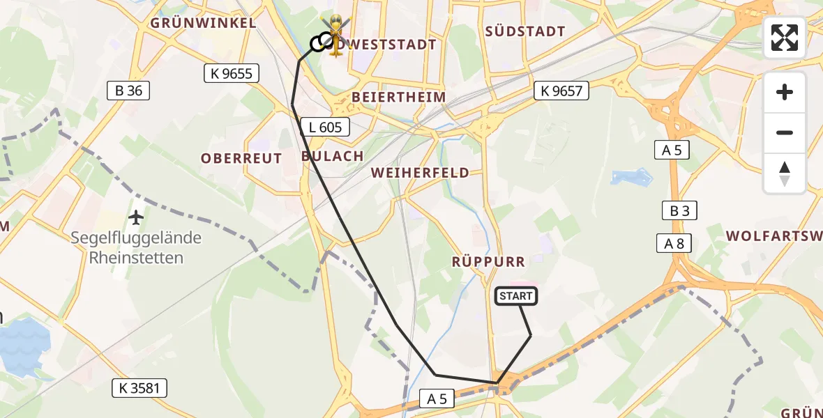 Flugroute Rettungshubschrauber Karlsruhe - Sankt Vincentius Hospital, 29 April 2026, 11:40