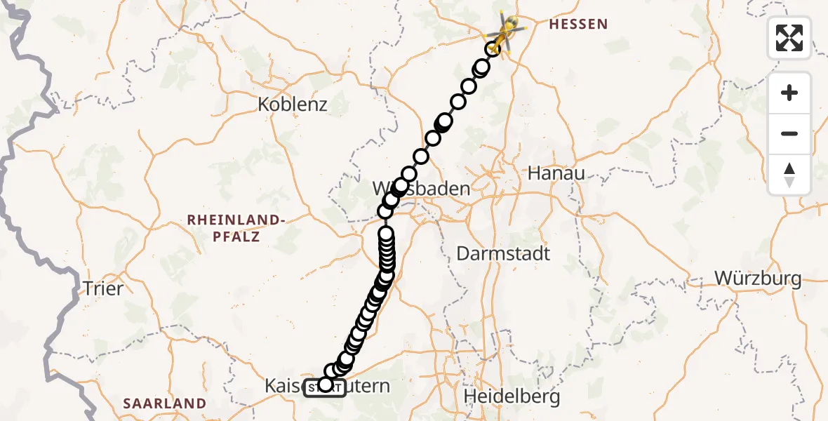 Flugroute Rettungshubschrauber Westpfalz Hospital Kaiserslautern - Gießen, 29 April 2026, 11:41