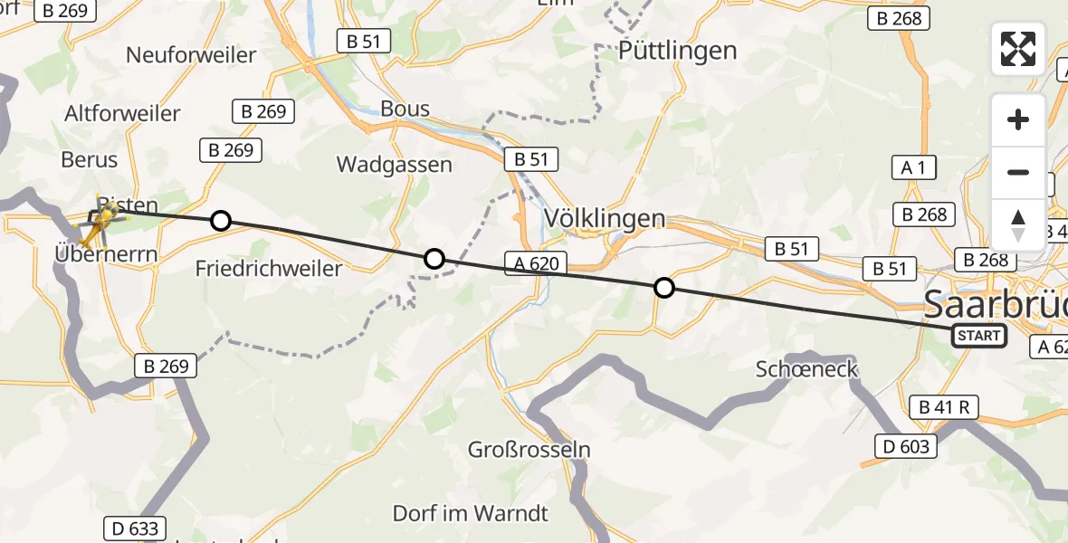 Flugroute Rettungshubschrauber Saarbrücken - Überherrn, 29 April 2026, 11:43
