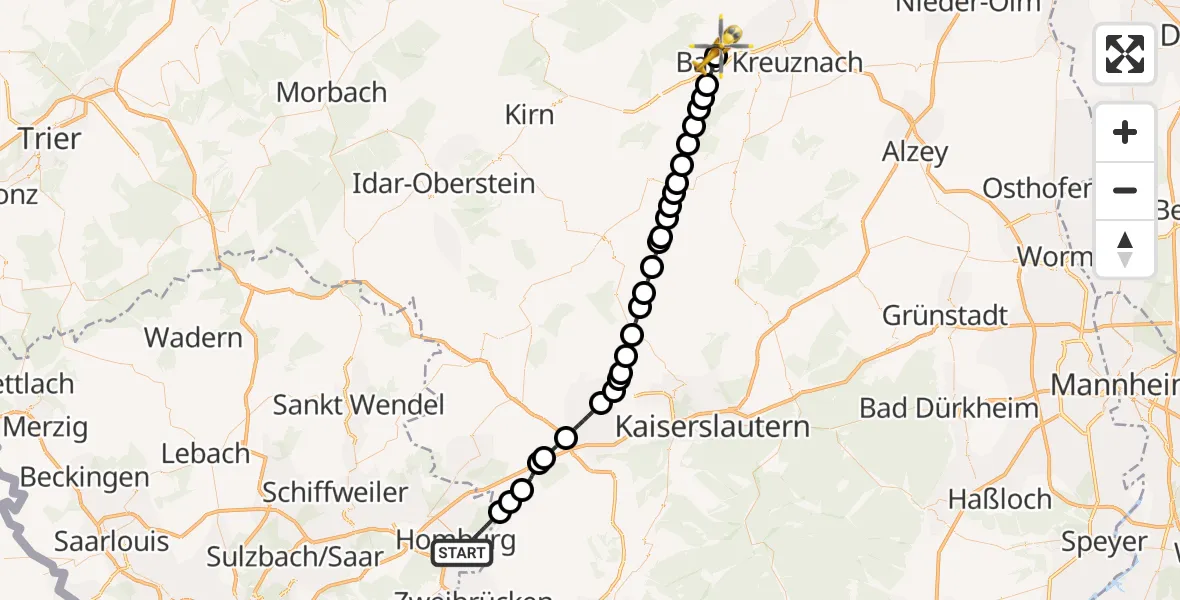 Flugroute Rettungshubschrauber Homburg - Mandel, 29 April 2026, 11:43
