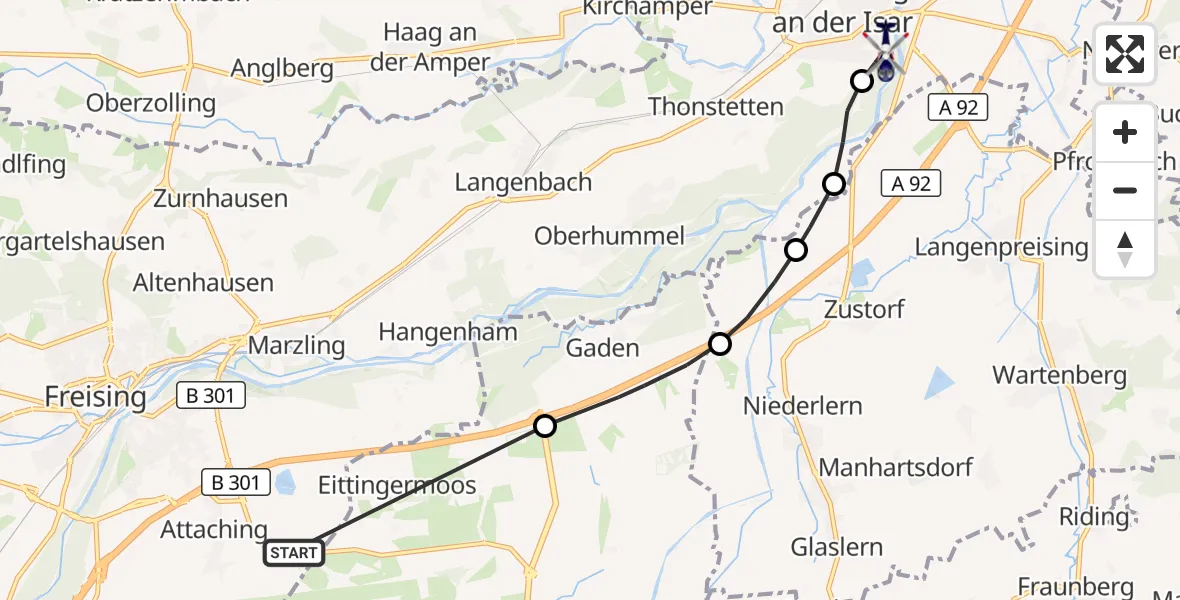 Flugroute Polizeihubschrauber München Flughafen - Moosburg auf der Kippe Flugplatz, 29 April 2026, 11:47