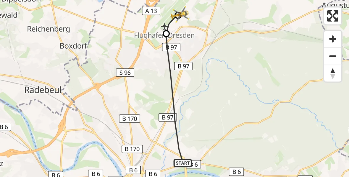 Flugroute Rettungshubschrauber Dresden - Dresden Bundespolizei Hubschrauberlandeplatz, 29 April 2026, 11:49
