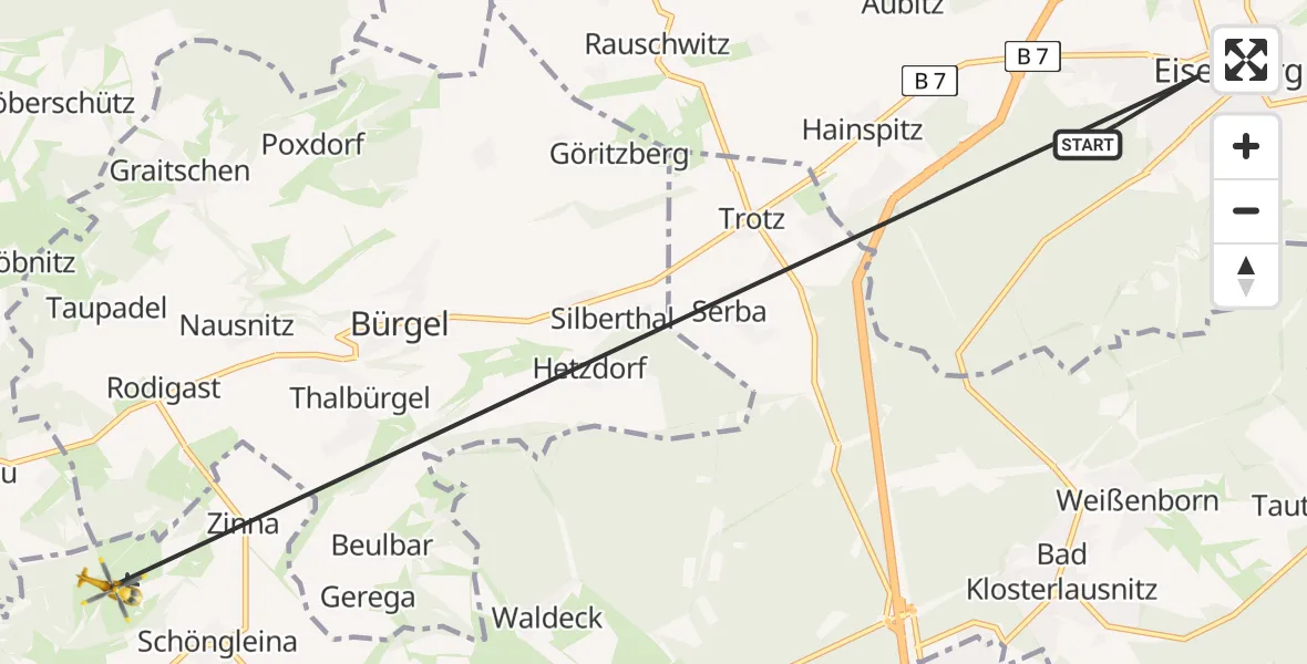 Flugroute Rettungshubschrauber Eisenberg - Jena-Schöngleina Flugplatz, 29 April 2026, 11:51