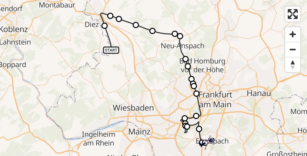 Flugroute Polizeihubschrauber Hünfelden - Flughafen Frankfurt-Egelsbach, 29 April 2026, 11:52
