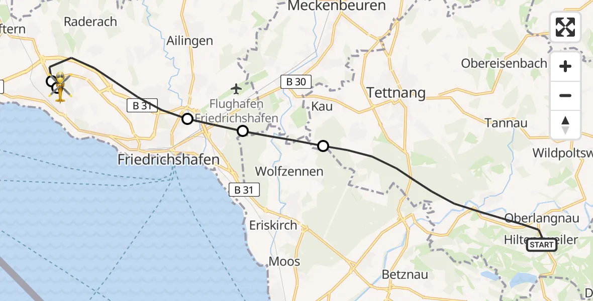 Flugroute Rettungshubschrauber Tettnang - Friedrichshafen Hospital, 29 April 2026, 11:55