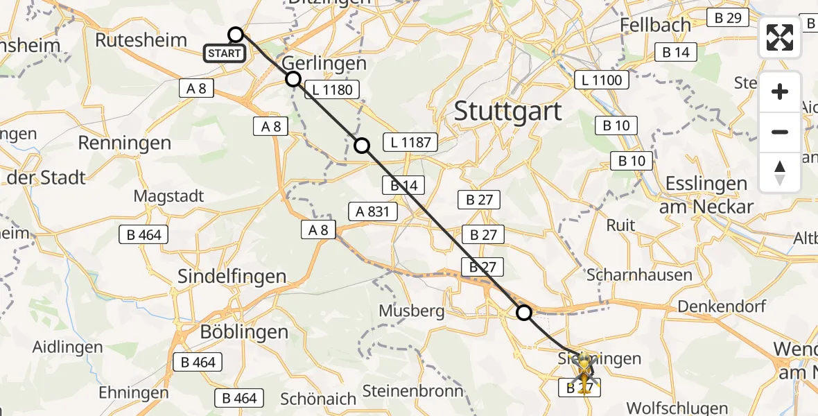 Flugroute Rettungshubschrauber Leonberg Hospital - Flughafen Stuttgart, 29 April 2026, 11:58