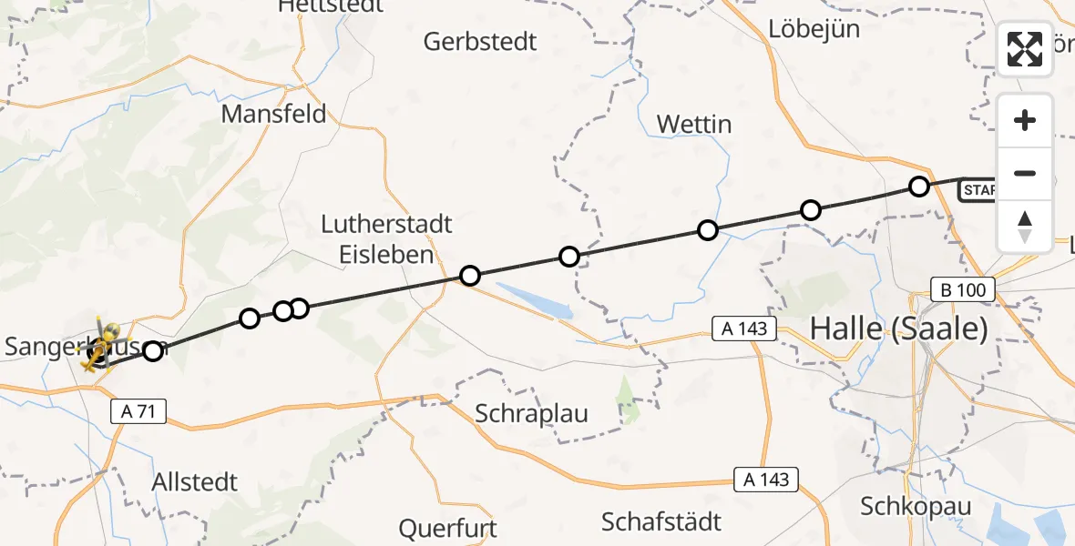Flugroute Rettungshubschrauber Landsberg - Helios Clinic Mansfeld-Südharz, 29 April 2026, 12:22