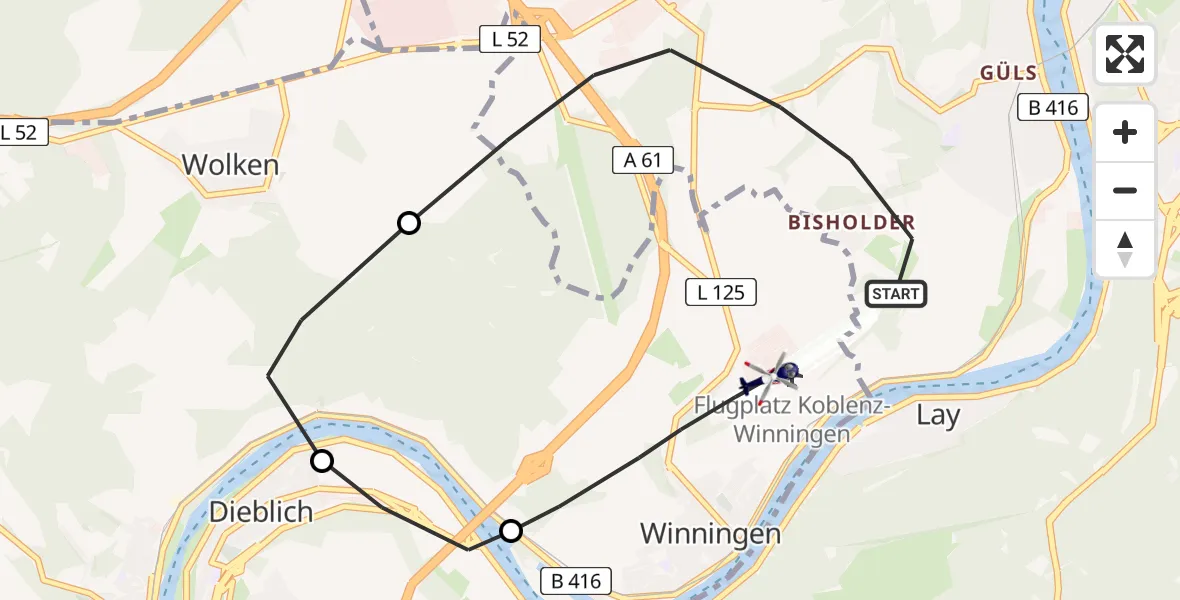 Flugroute Polizeihubschrauber Koblenz - Koblenz-Winningen Flugplatz, 29 April 2026, 12:34