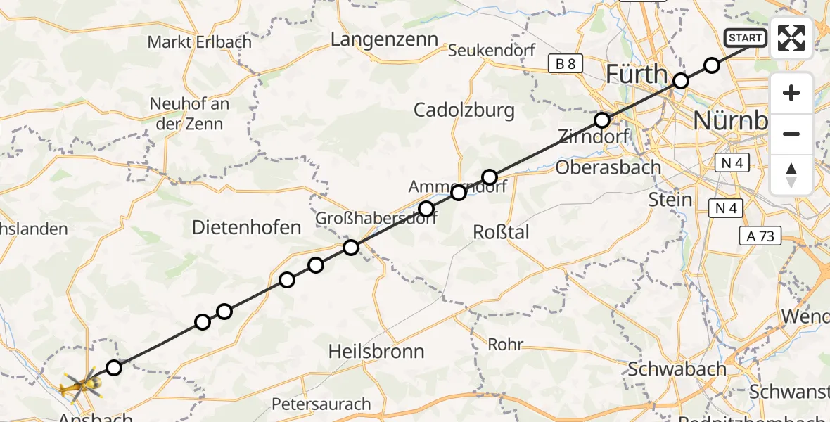 Flugroute Ambulanzhubschrauber Flughafen Nuremberg - Ansbach, 29 April 2026, 12:34