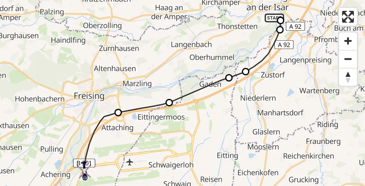 Flugroute Polizeihubschrauber Moosburg auf der Kippe Flugplatz - Hallbergmoos, 29 April 2026, 12:38