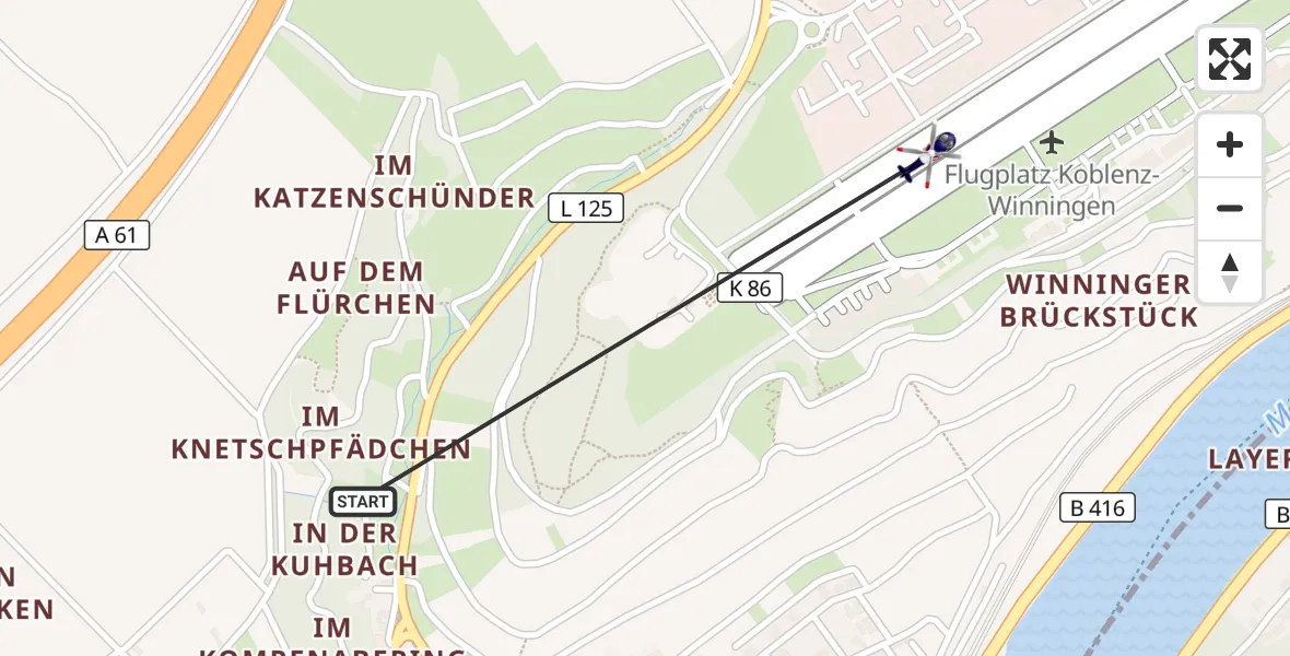 Flugroute Polizeihubschrauber Winningen - Koblenz-Winningen Flugplatz, 29 April 2026, 12:38