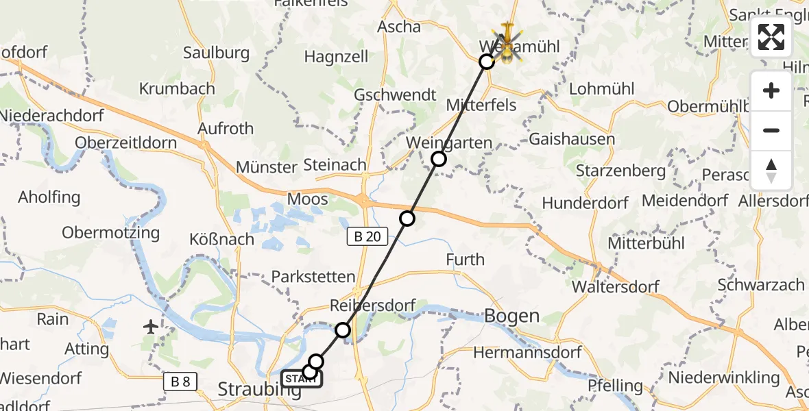 Flugroute Rettungshubschrauber Sankt Elisabeth Hospital Straubing - Haselbach, 29 April 2026, 12:48
