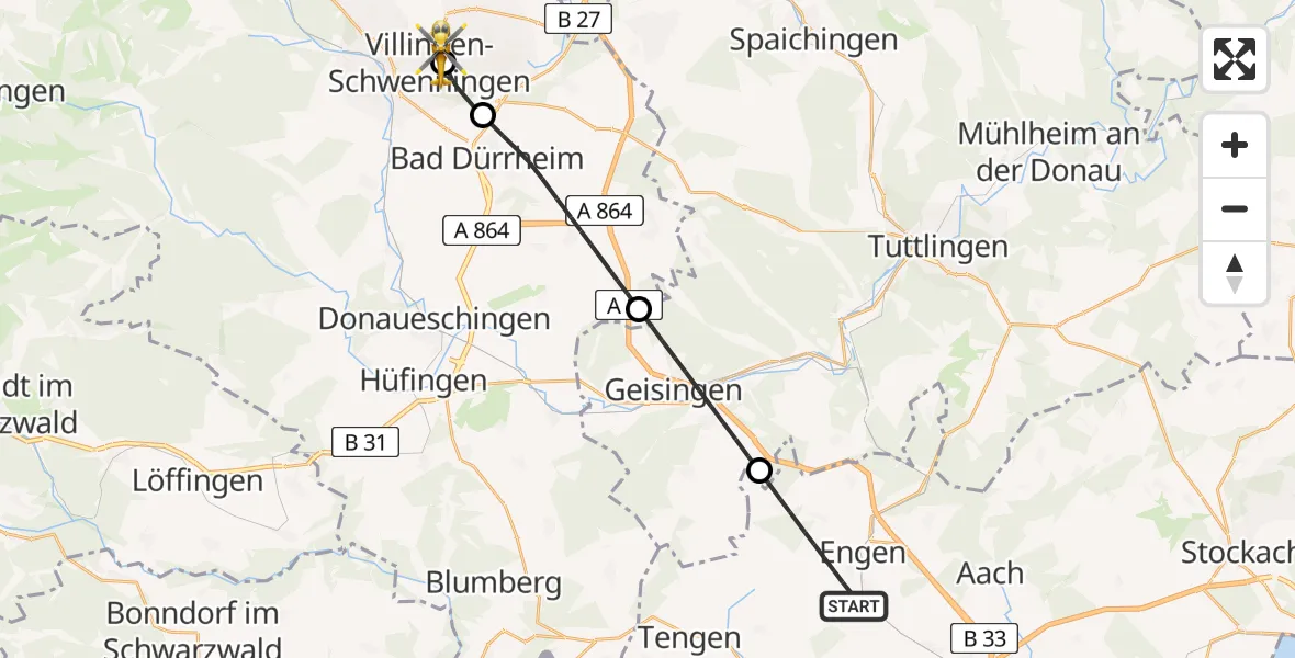 Flugroute Rettungshubschrauber Engen - DRF Air Rescue Station Villingen-Schwenningen Hubschrauberlandeplatz (Christoph 11), 29 April 2026, 12:50
