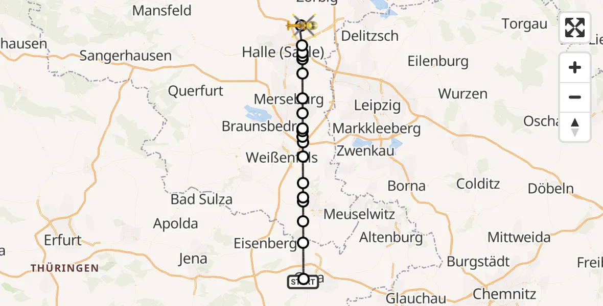 Flugroute Ambulanzhubschrauber SRH Wald-Klinikum Gera Hospital - Halle-Oppin Flugplatz, 29 April 2026, 12:57
