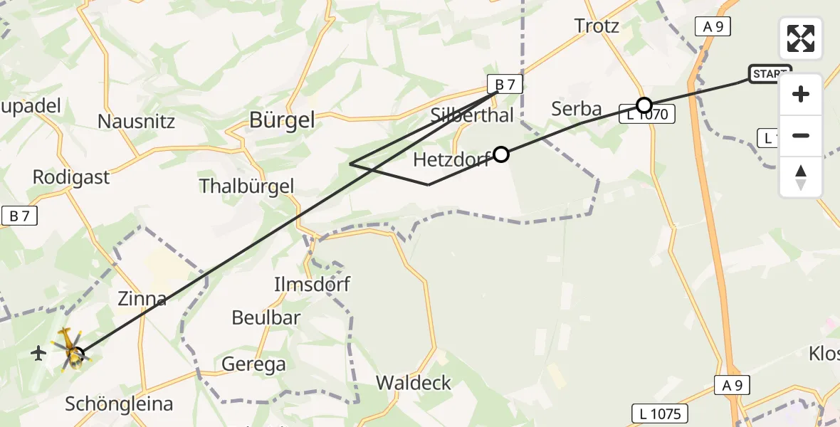 Flugroute Rettungshubschrauber Hainspitz - Jena-Schöngleina Flugplatz, 29 April 2026, 13:09