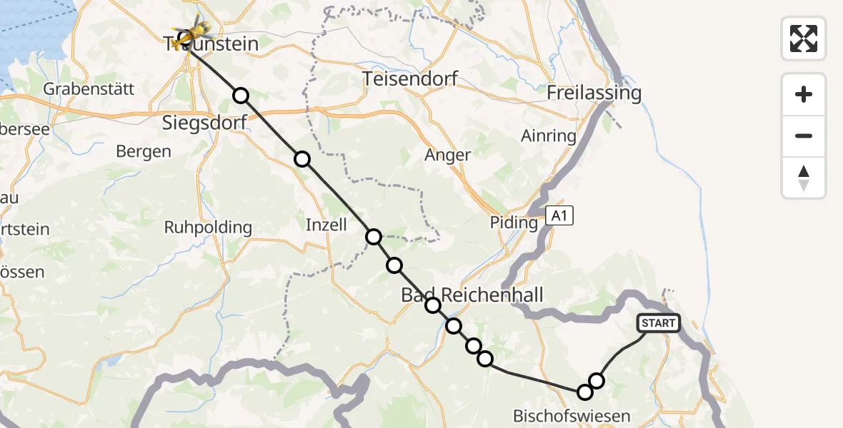 Flugroute Rettungshubschrauber Schellenberger Forst - Traunstein Hospital, 29 April 2026, 13:13