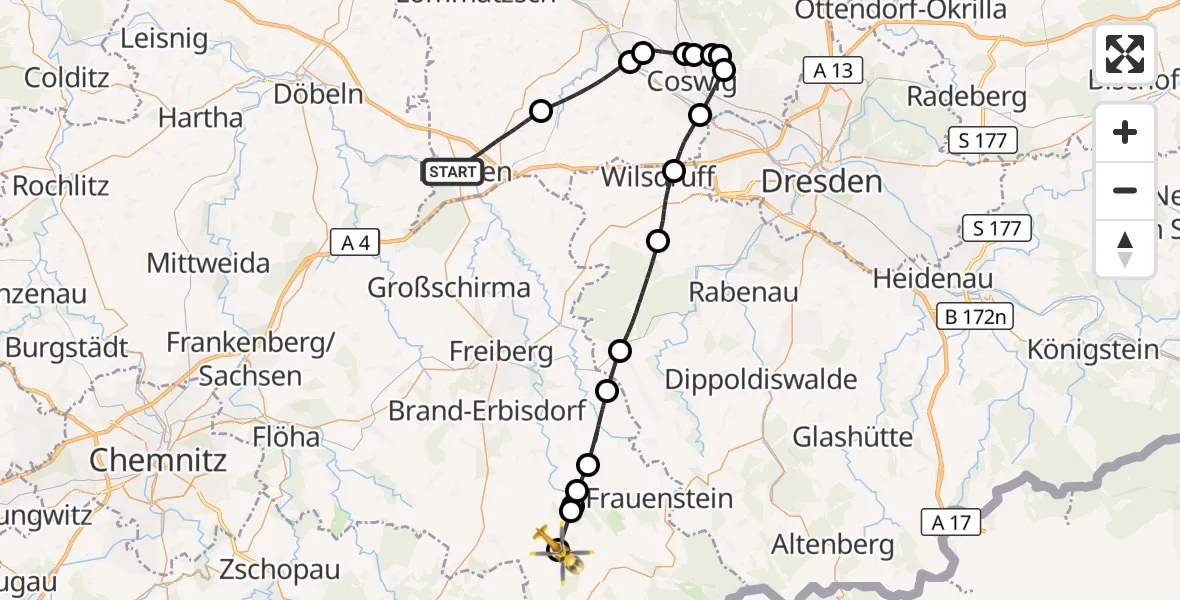 Flugroute Rettungshubschrauber Nossen - Dorfchemnitz, 29 April 2026, 13:20