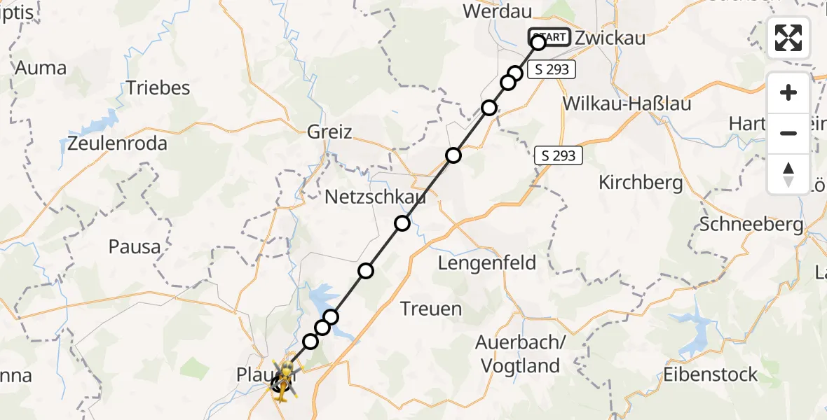Flugroute Rettungshubschrauber ADAC Air Rescue Station Zwickau Hubschrauberlandeplatz - Helios Clinic Plauen, 29 April 2026, 13:21