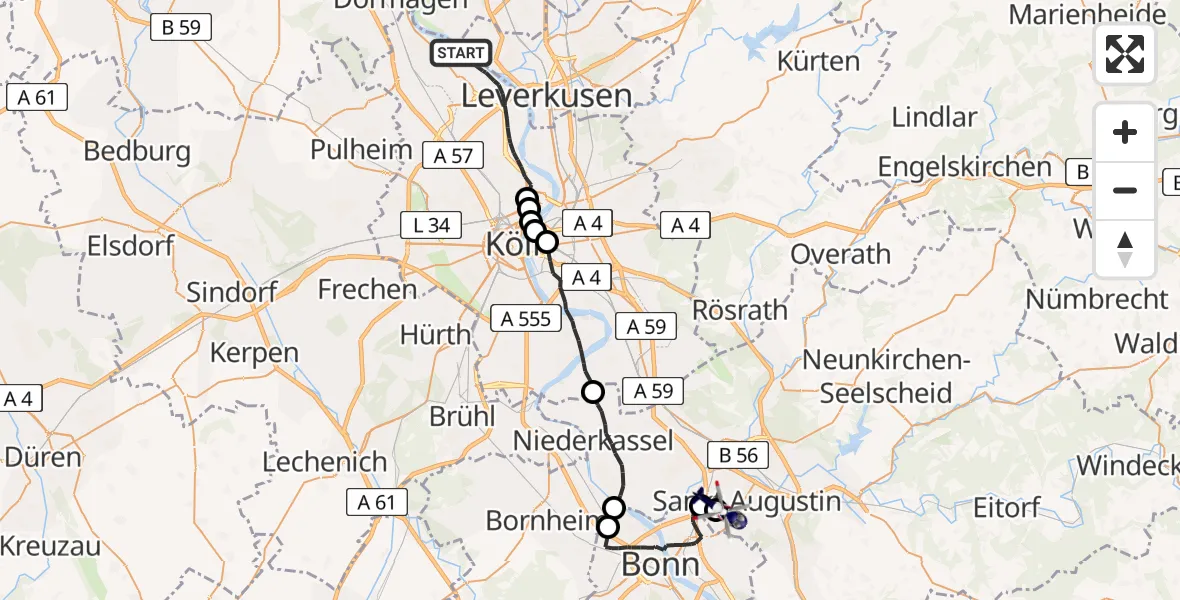 Flugroute Polizeihubschrauber Köln - Bonn-Hangelar Flugplatz, 29 April 2026, 13:23