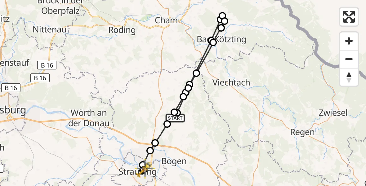 Flugroute Rettungshubschrauber Haselbach - Sankt Elisabeth Hospital Straubing, 29 April 2026, 13:26