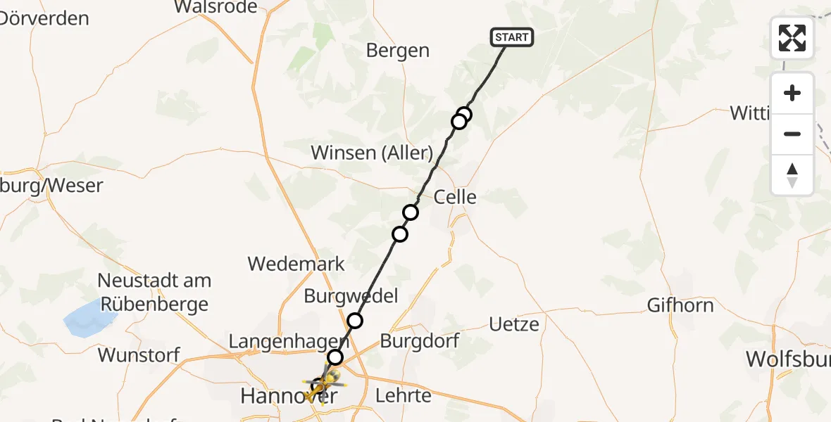 Flugroute Rettungshubschrauber Südheide - Hannover Luftrettung Hubschrauberlandeplatz (Christoph 4), 29 April 2026, 13:34