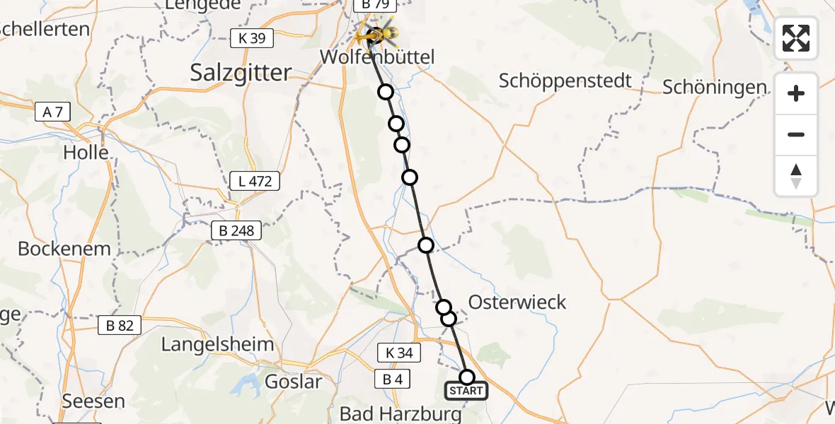 Flugroute Rettungshubschrauber Bad Harzburg - Wolfenbüttel Municipal Hospital Heliport (Christoph 30), 29 April 2026, 13:34
