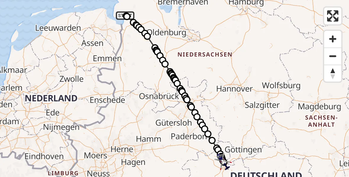 Flugroute Polizeihubschrauber Emden - Vellmar, 29 April 2026, 13:44