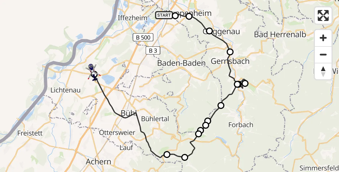 Flugroute Polizeihubschrauber Baden-Baden - Rheinmünster, 29 April 2026, 13:51
