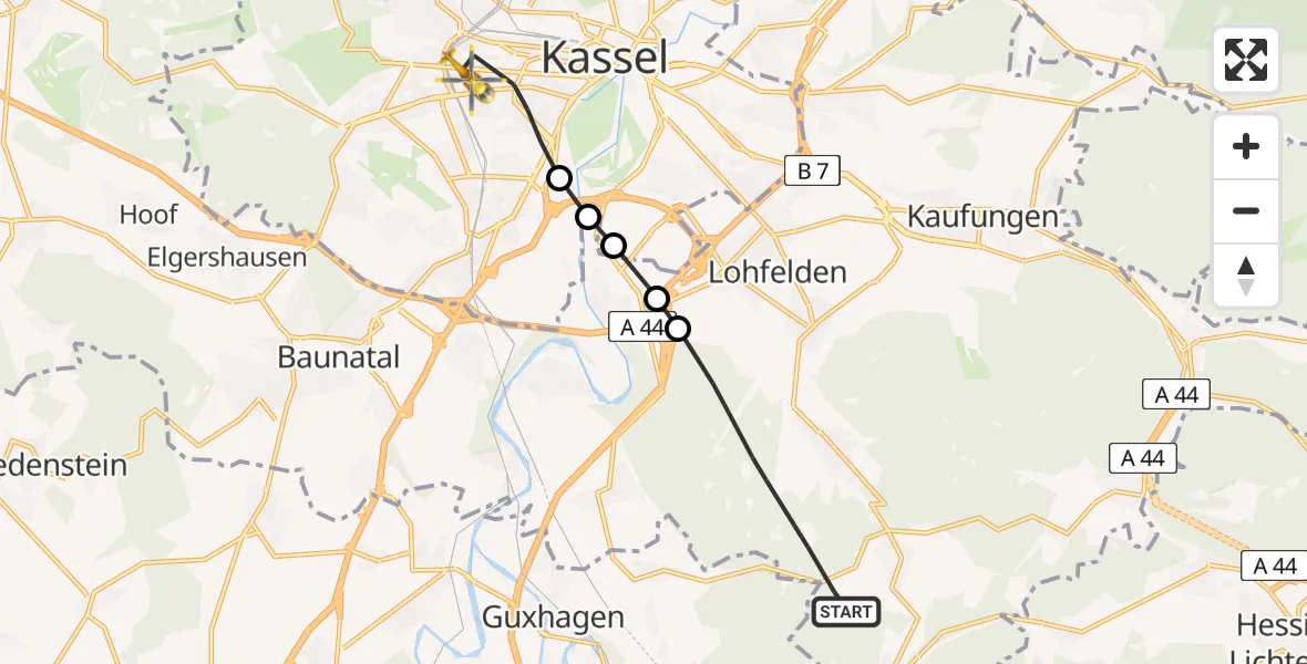 Flugroute Rettungshubschrauber Söhrewald - Kassel, 29 April 2026, 13:55