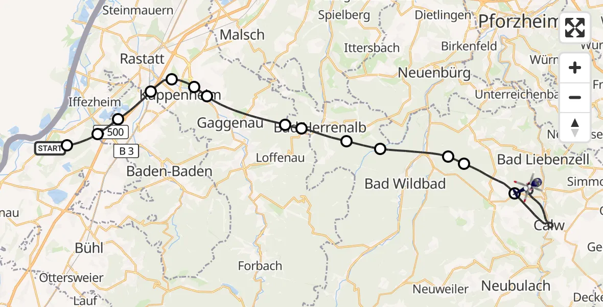 Flugroute Polizeihubschrauber Karlsruhe Baden-Baden Flughafen - Calw, 29 April 2026, 13:58