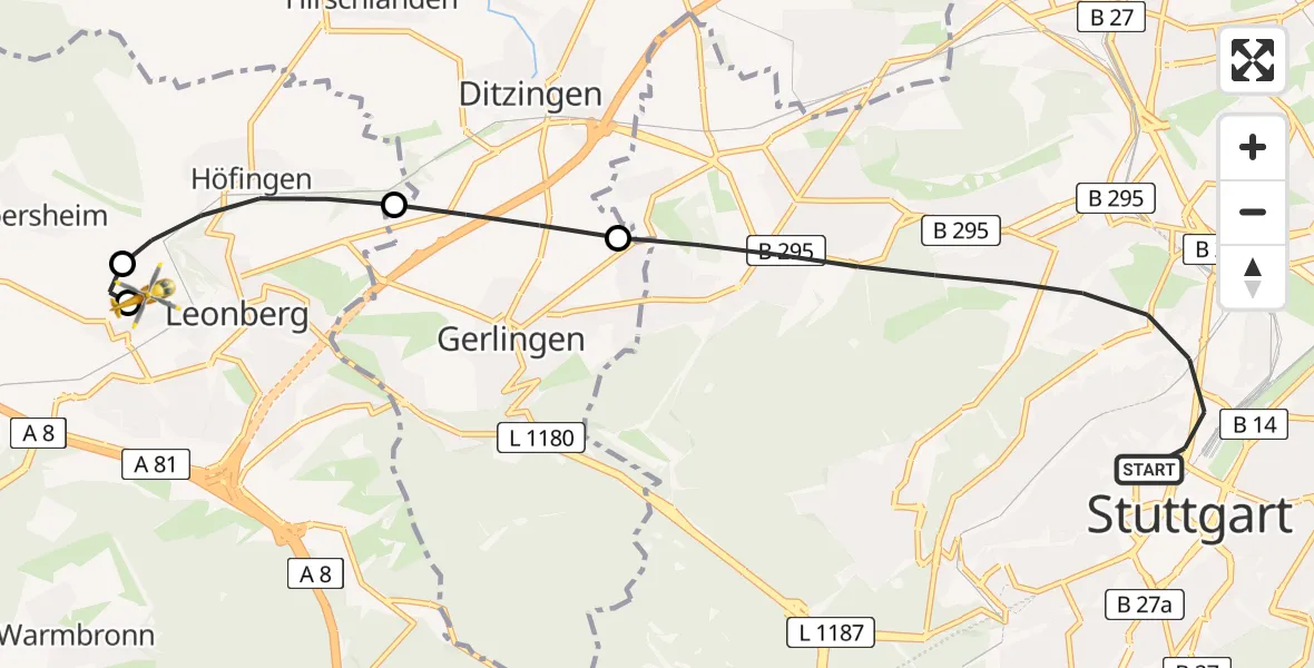 Flugroute Rettungshubschrauber Stuttgart - Leonberg Hospital, 29 April 2026, 14:04