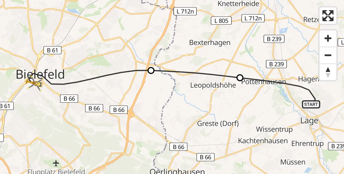 Flugroute Rettungshubschrauber Lage - Bielefeld, 29 April 2026, 14:06