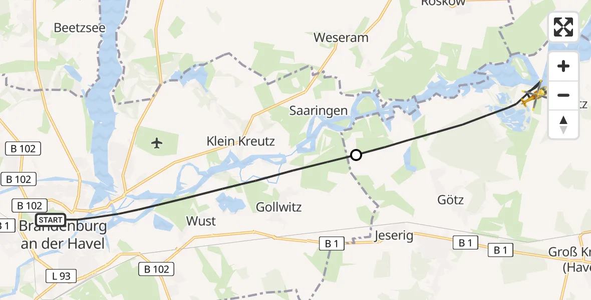 Flugroute Rettungshubschrauber Brandenburg an der Havel - Groß Kreutz (Havel), 29 April 2026, 14:09