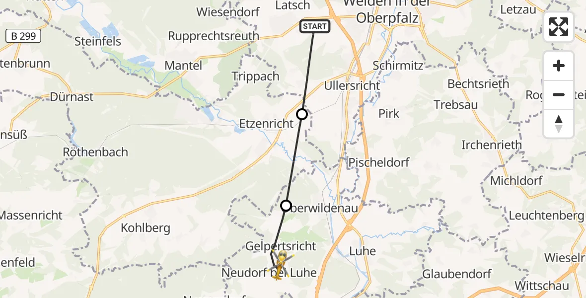 Flugroute Rettungshubschrauber Weiden i.d.OPf. - Luhe-Wildenau, 29 April 2026, 14:10