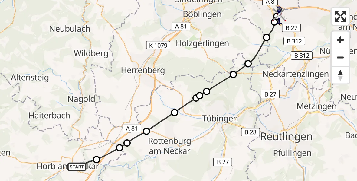 Flugroute Polizeihubschrauber Horb am Neckar - Flughafen Stuttgart, 29 April 2026, 14:15