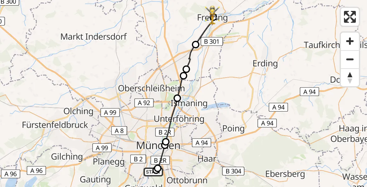 Flugroute Rettungshubschrauber ADAC Air Rescue Center Hubschrauberlandeplatz (Christoph 1) - Freising Clinic Hubschrauberlandeplatz, 29 April 2026, 14:17