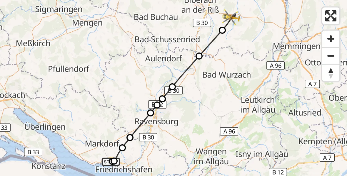 Flugroute Rettungshubschrauber Friedrichshafen Hospital - Ochsenhausen, 29 April 2026, 14:25