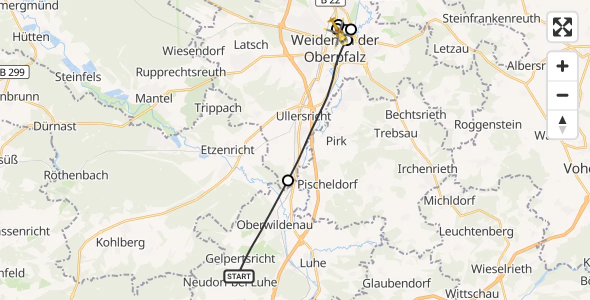Flugroute Rettungshubschrauber Luhe-Wildenau - Weiden Hospital, 29 April 2026, 14:34