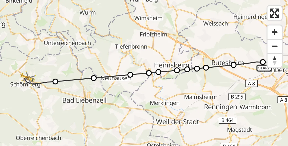 Flugroute Rettungshubschrauber Leonberg Hospital - Schömberg, 29 April 2026, 14:36