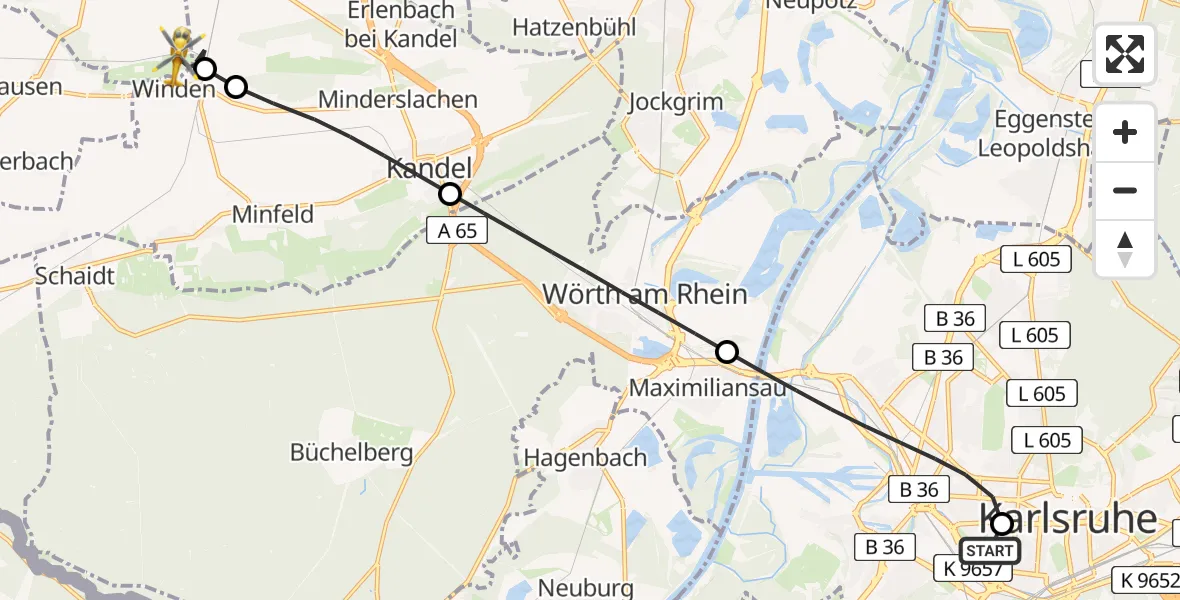 Flugroute Rettungshubschrauber Sankt Vincentius Hospital - Billigheim-Ingenheim, 29 April 2026, 14:37