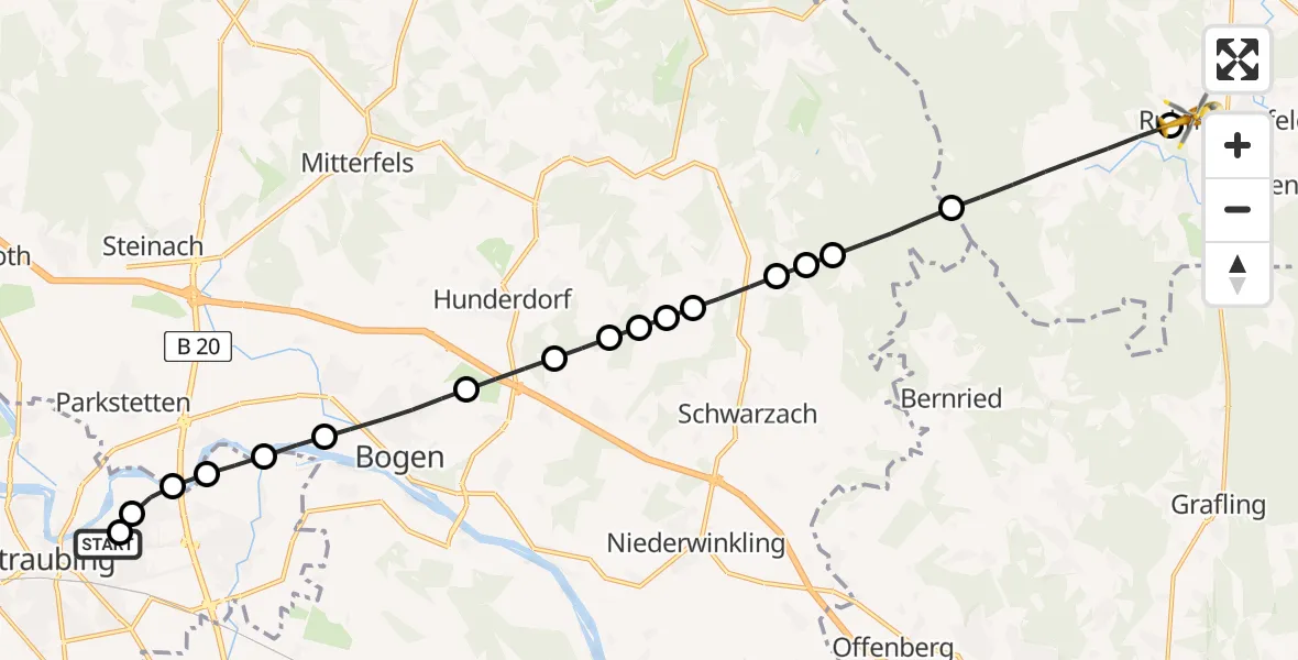 Flugroute Rettungshubschrauber Sankt Elisabeth Hospital Straubing - Ruhmannsfelden, 29 April 2026, 14:40