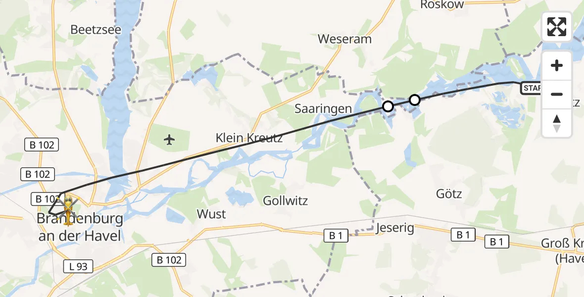 Flugroute Rettungshubschrauber Groß Kreutz (Havel) - Brandenburg an der Havel, 29 April 2026, 14:43