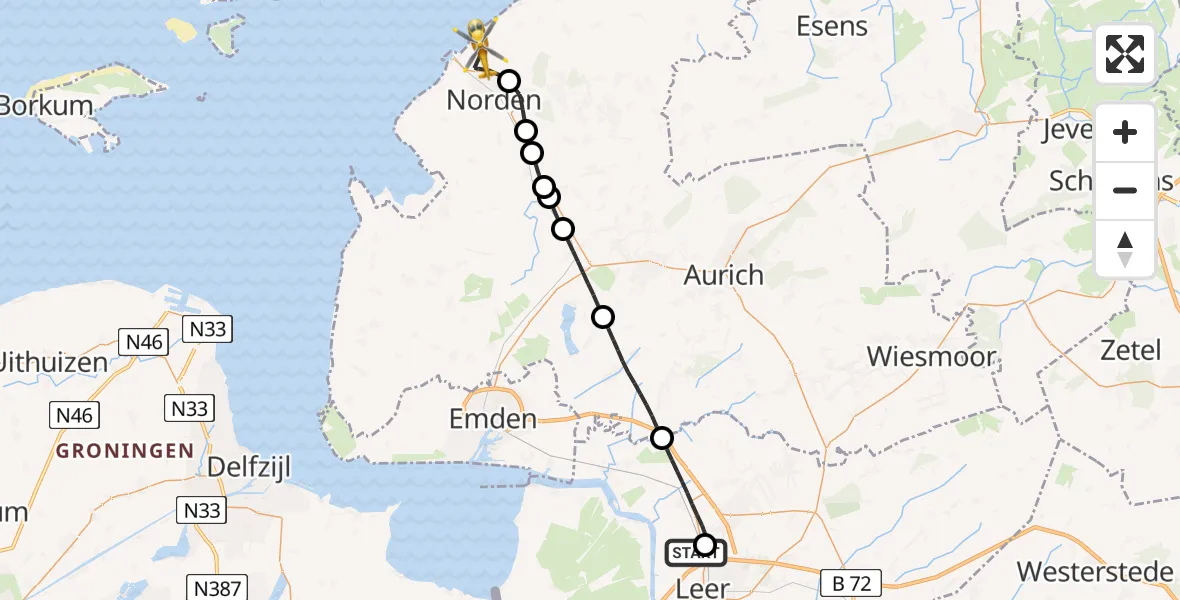 Flugroute Ambulanzhubschrauber Leer (Ostfriesland) - Norden-Norddeich Flughafen, 29 April 2026, 14:44