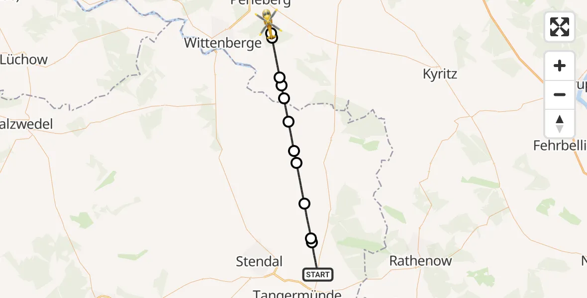 Flugroute Rettungshubschrauber Schönhausen (Elbe) - Perleberg, 29 April 2026, 14:56